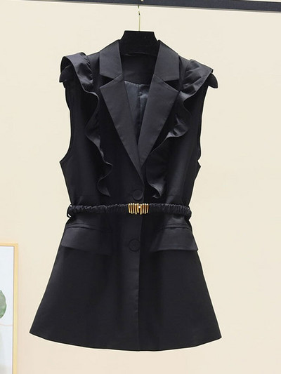 Sieviešu uzvalks, veste, 2022. gada jauns pavasara rudens volāniem elastīga josta, vidēji gara, šaura sieviešu vestes jaka bez piedurknēm