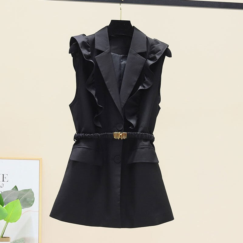 Sieviešu uzvalks, veste, 2022. gada jauns pavasara rudens volāniem elastīga josta, vidēji gara, šaura sieviešu vestes jaka bez piedurknēm