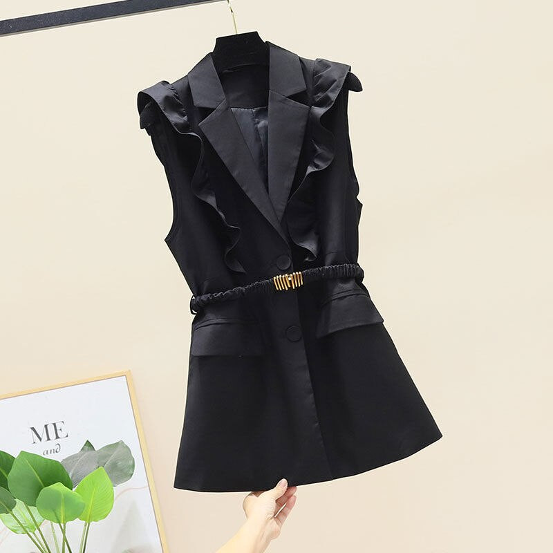 Sieviešu uzvalks, veste, 2022. gada jauns pavasara rudens volāniem elastīga josta, vidēji gara, šaura sieviešu vestes jaka bez piedurknēm