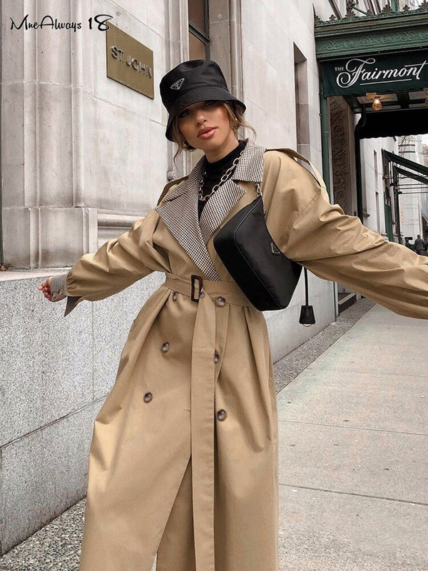 Mnealways 18 rūtainas šuves gara jaka ar vērtnēm Eleganta sieviešu ielas virsdrēbes ar divrindu ielu virsdrēbēm haki krāsas 2022. gada ziemas mēteļi