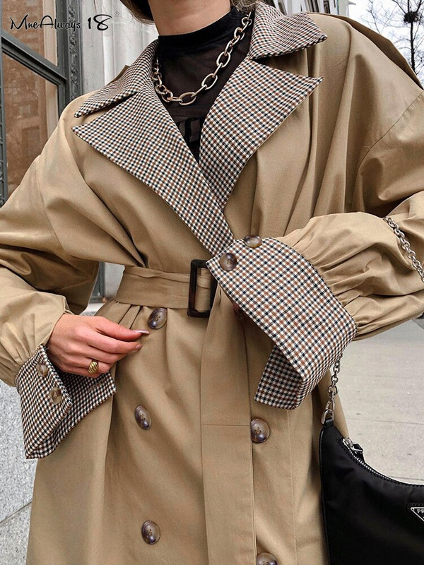 Mnealways 18 rūtainas šuves gara jaka ar vērtnēm Eleganta sieviešu ielas virsdrēbes ar divrindu ielu virsdrēbēm haki krāsas 2022. gada ziemas mēteļi