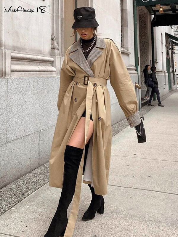 Mnealways 18 rūtainas šuves gara jaka ar vērtnēm Eleganta sieviešu ielas virsdrēbes ar divrindu ielu virsdrēbēm haki krāsas 2022. gada ziemas mēteļi