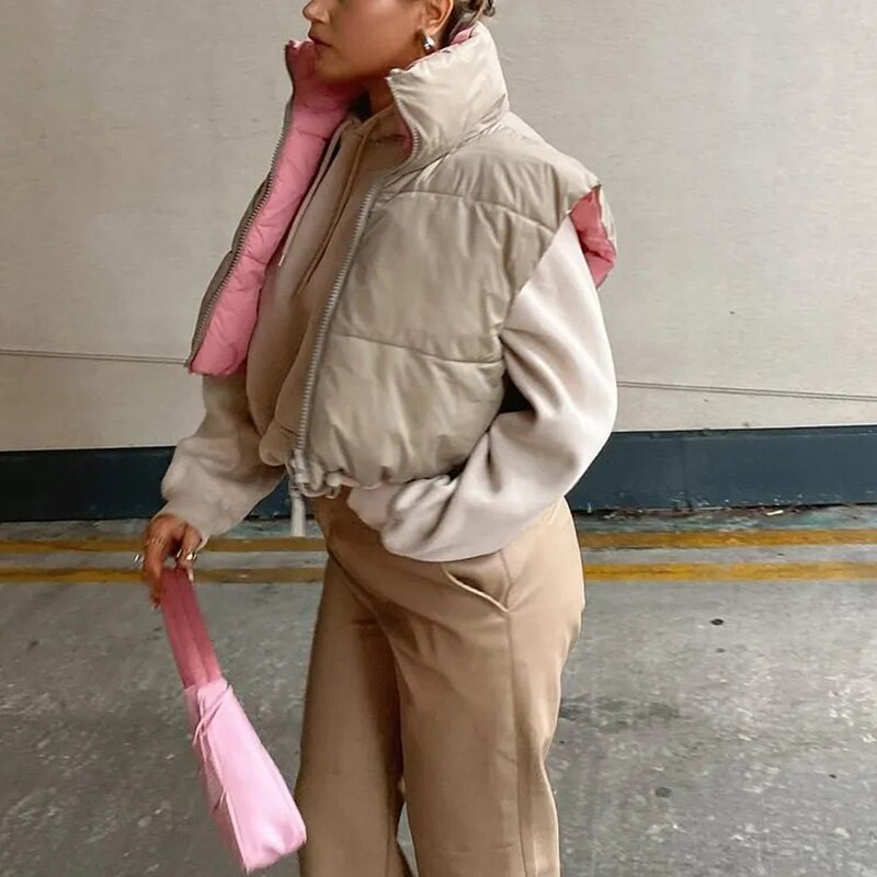 Sieviešu parka veste kabatas mētelis, aukliņa bez piedurknēm, rozā rāvējslēdzēja jaka Modes virsdrēbes, mīļi vintage sieviešu ielas apģērbi