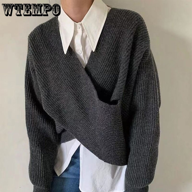 V-veida kakla izgriezuma džemperis, minimālisma apgriezts tops, var valkāt ārā rudens un ziemas vairumtirdzniecībā