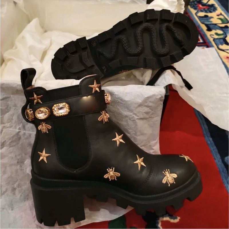 Ženske gležnjače s kristalnim dijamantnim vezom Cipele s platformom na debelu petu Punk remen Crna 2 stila 2 boje Novo 2022.