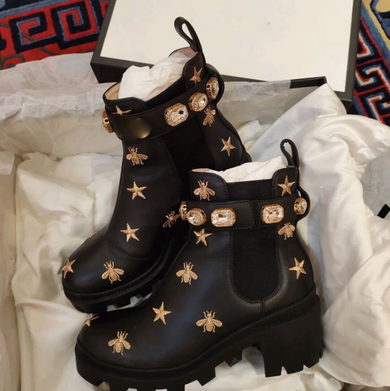 Ženske gležnjače s kristalnim dijamantnim vezom Cipele s platformom na debelu petu Punk remen Crna 2 stila 2 boje Novo 2022.