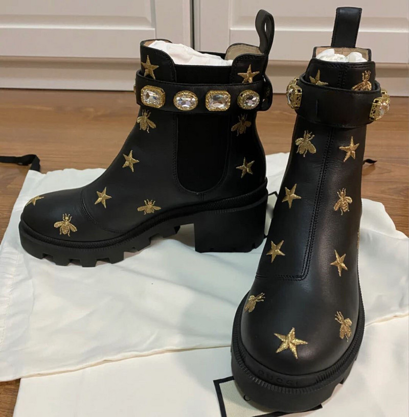 Ženske gležnjače s kristalnim dijamantnim vezom Cipele s platformom na debelu petu Punk remen Crna 2 stila 2 boje Novo 2022.