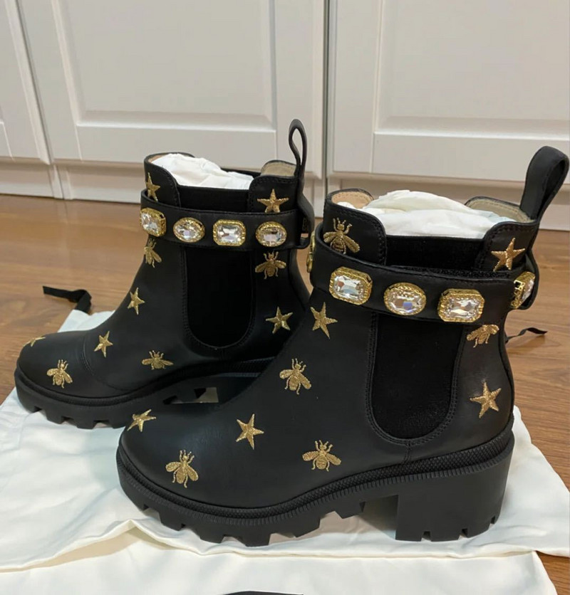 Ženske gležnjače s kristalnim dijamantnim vezom Cipele s platformom na debelu petu Punk remen Crna 2 stila 2 boje Novo 2022.