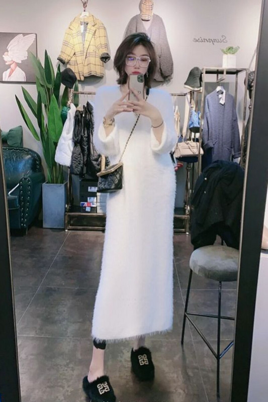 2022 UUS talvine 100% naaritsast kašmiirist V-kaelusega kampsun Naiste avar suur valge kohev angoora pehme kleit JN010