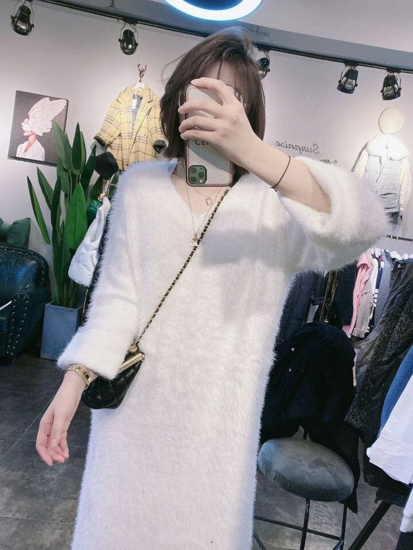 2022 UUS talvine 100% naaritsast kašmiirist V-kaelusega kampsun Naiste avar suur valge kohev angoora pehme kleit JN010