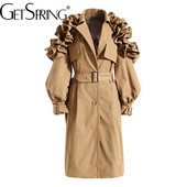 GetSpring sieviešu Trencis ar pilnām piedurknēm, volāniem, vienrindas josta, brīva gara vējjaka, modes mētelis, sieviešu virsjaka