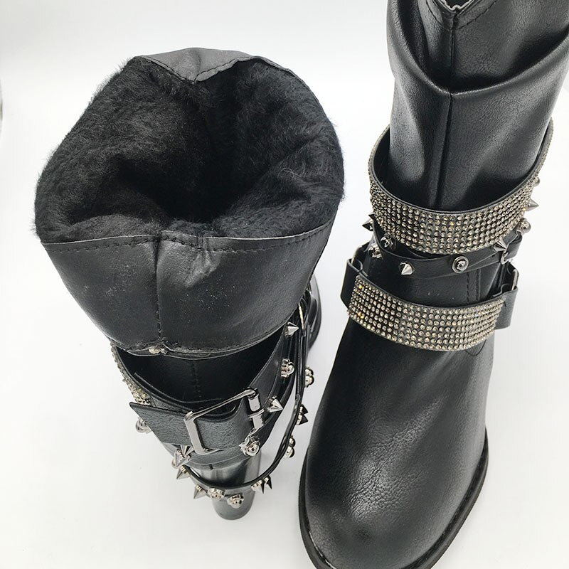 Sieviešu modes PU Punk drapēts apaļš purngals augstpapēžu puszābaki Metāla apdare Motociklistu zābaki Sprādze Rudens Ziemas Sieviešu Apavi