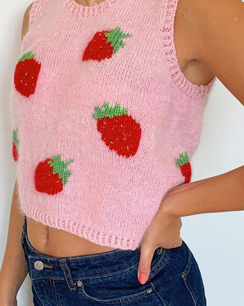 Γλυκό αμάνικο πουλόβερ Γυναικείο γιλέκο πουλόβερ με φράουλα πλεκτό Crop Lady Streetwear Χαριτωμένο πουλόβερ με λαιμόκοψη V-λαιμόκοψη Top φθινοπωρινό