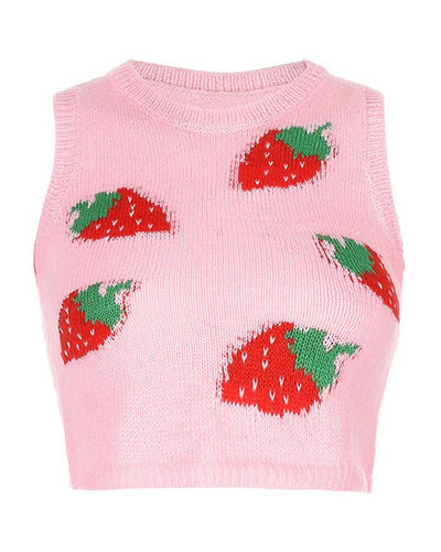 Γλυκό αμάνικο πουλόβερ Γυναικείο γιλέκο πουλόβερ με φράουλα πλεκτό Crop Lady Streetwear Χαριτωμένο πουλόβερ με λαιμόκοψη V-λαιμόκοψη Top φθινοπωρινό