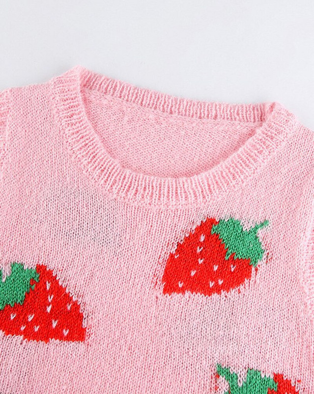 Γλυκό αμάνικο πουλόβερ Γυναικείο γιλέκο πουλόβερ με φράουλα πλεκτό Crop Lady Streetwear Χαριτωμένο πουλόβερ με λαιμόκοψη V-λαιμόκοψη Top φθινοπωρινό