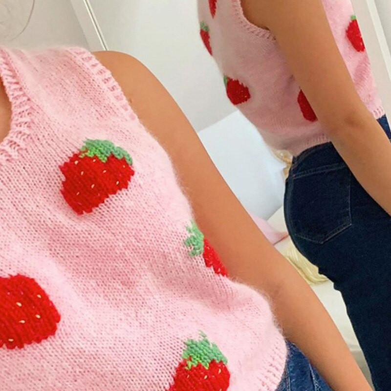 Γλυκό αμάνικο πουλόβερ Γυναικείο γιλέκο πουλόβερ με φράουλα πλεκτό Crop Lady Streetwear Χαριτωμένο πουλόβερ με λαιμόκοψη V-λαιμόκοψη Top φθινοπωρινό