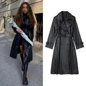 PB&ZA 2022 rudens un ziemas jauns sieviešu High Street Trend atloks ar garām piedurknēm, melns mākslīgās ādas garš mētelis 436924