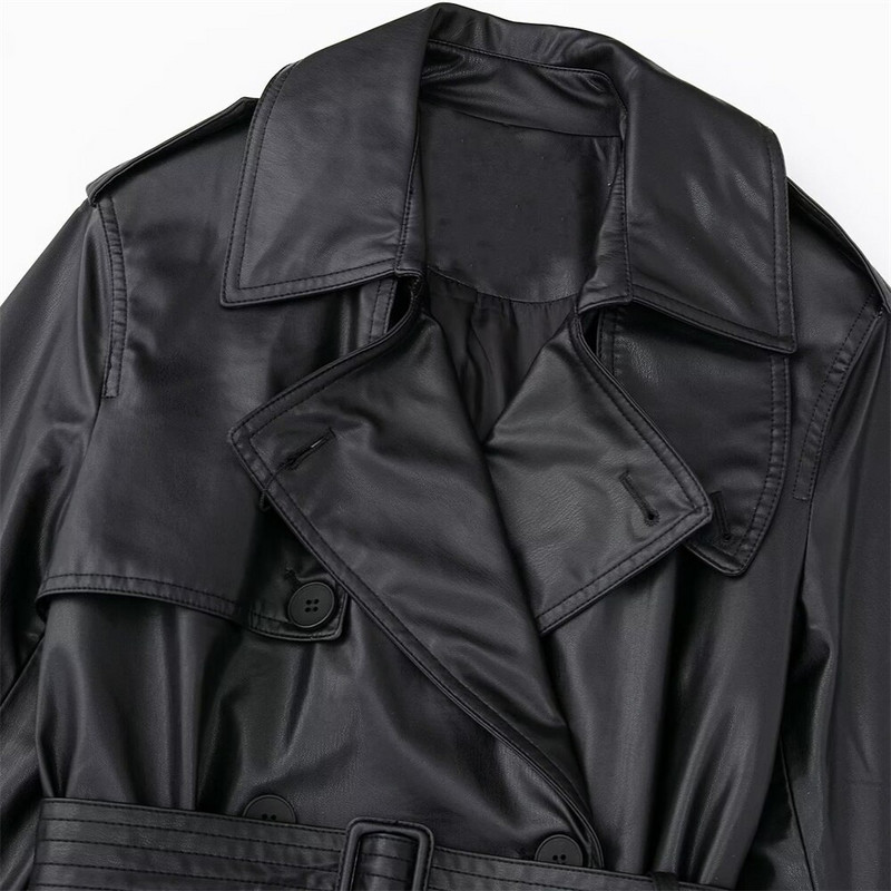 PB&ZA 2022 rudens un ziemas jauns sieviešu High Street Trend atloks ar garām piedurknēm, melns mākslīgās ādas garš mētelis 436924