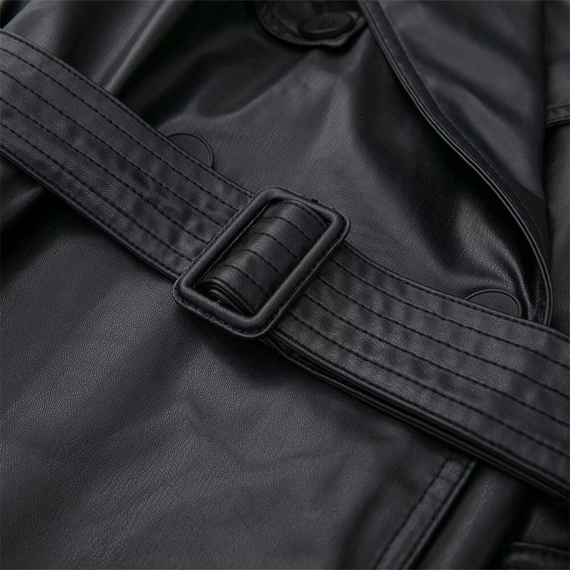 PB&ZA 2022 rudens un ziemas jauns sieviešu High Street Trend atloks ar garām piedurknēm, melns mākslīgās ādas garš mētelis 436924