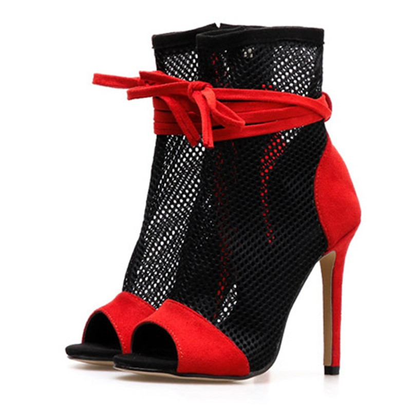 Proljeće jesen Nove seksi mrežaste gležnjače Sandale Ženske visoke potpetice Modne ženske cipele na vezivanje s patentnim zatvaračem