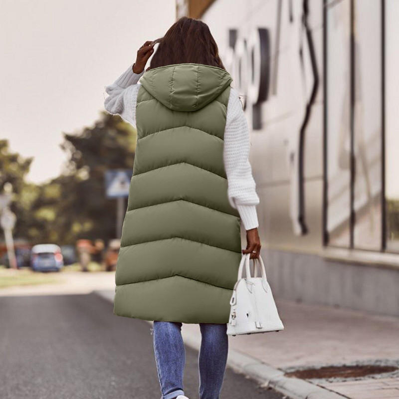 Γυναικείο Γιλέκο Μακρύ Καπιτονέ Μπουφάν εξωτερικού χώρου φθινοπώρου και χειμώνα με τσέπες Γυναικείο μπουφάν αμάνικο καπιτονέ κουκούλα με φερμουάρ ζεστό 4