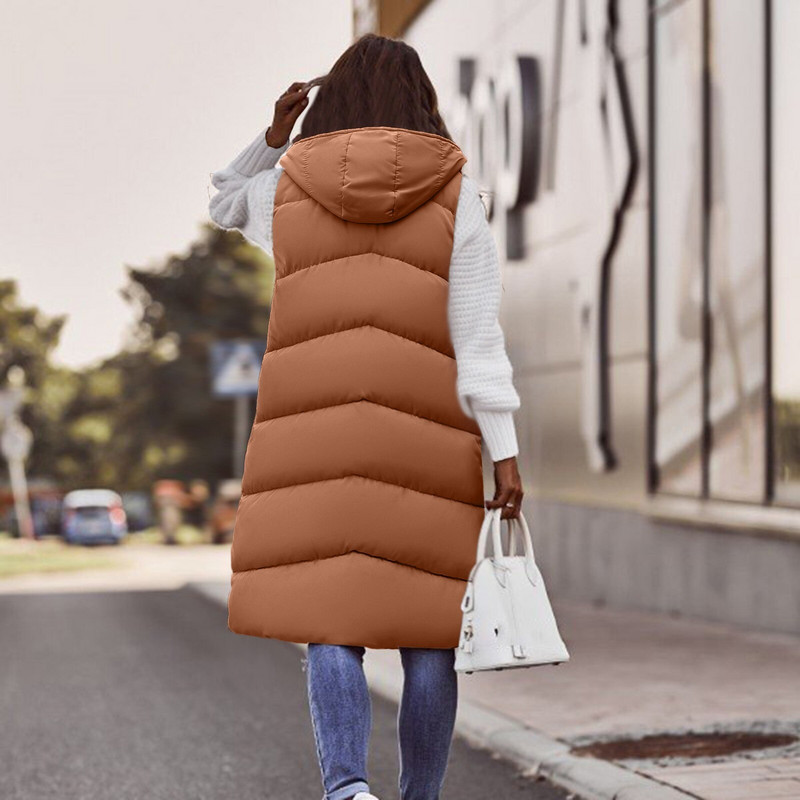 Γυναικείο Γιλέκο Μακρύ Καπιτονέ Μπουφάν εξωτερικού χώρου φθινοπώρου και χειμώνα με τσέπες Γυναικείο μπουφάν αμάνικο καπιτονέ κουκούλα με φερμουάρ ζεστό 4