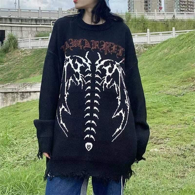 Goth Alphabet Jacquard Γυναικείο πουλόβερ High Street Harajuku Vintage Hip Hop πουλόβερ πουλόβερ Φαρδιά μακρυμάνικα ρούχα με σκισμένα μπλούζα