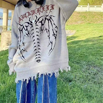 Goth Alphabet Jacquard Γυναικείο πουλόβερ High Street Harajuku Vintage Hip Hop πουλόβερ πουλόβερ Φαρδιά μακρυμάνικα ρούχα με σκισμένα μπλούζα