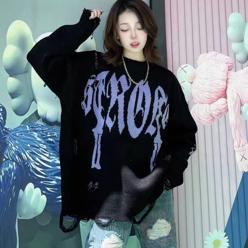 Goth Alphabet Jacquard Γυναικείο πουλόβερ High Street Harajuku Vintage Hip Hop πουλόβερ πουλόβερ Φαρδιά μακρυμάνικα ρούχα με σκισμένα μπλούζα
