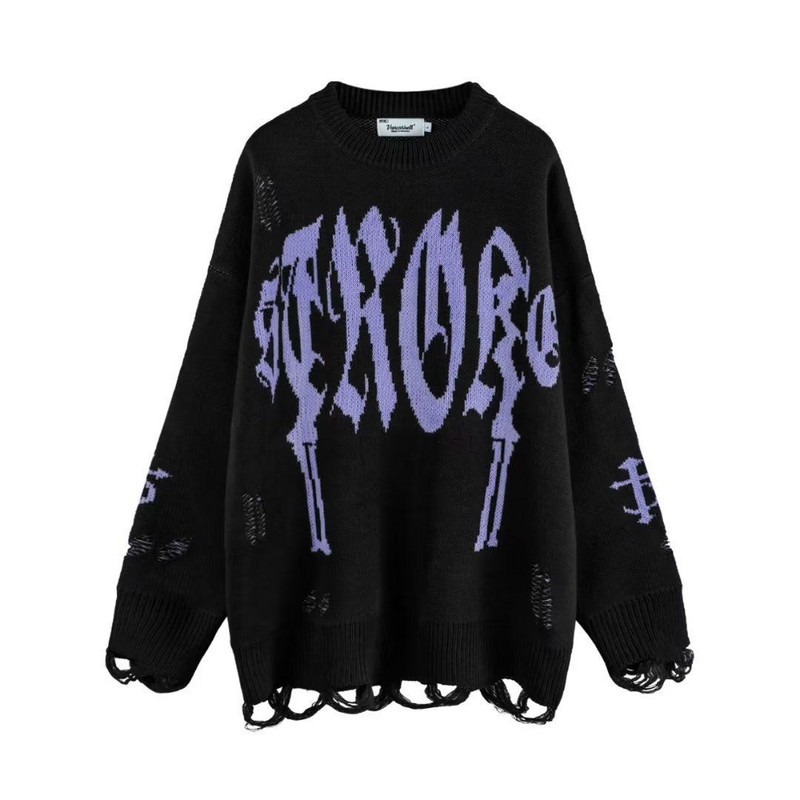 Goth Alphabet Jacquard Γυναικείο πουλόβερ High Street Harajuku Vintage Hip Hop πουλόβερ πουλόβερ Φαρδιά μακρυμάνικα ρούχα με σκισμένα μπλούζα
