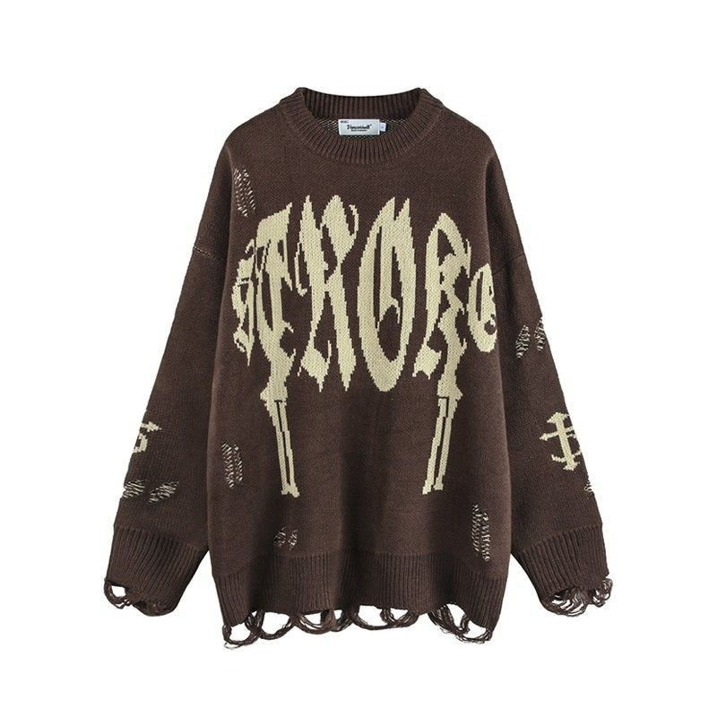 Goth Alphabet Jacquard Γυναικείο πουλόβερ High Street Harajuku Vintage Hip Hop πουλόβερ πουλόβερ Φαρδιά μακρυμάνικα ρούχα με σκισμένα μπλούζα