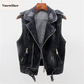 VmewSher Novi 5XL ženski traper prsluk Kratka cool gornja odjeća Ženske traper jakne bez rukava Tanak modni prsluk s kopčom