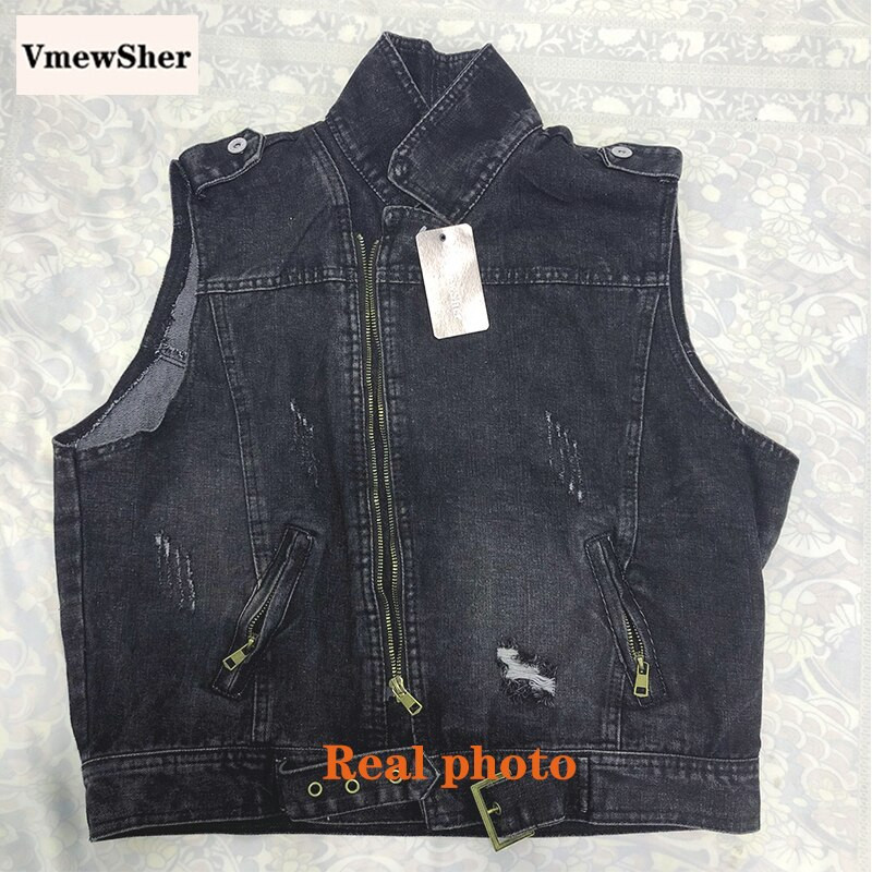 VmewSher Novi 5XL ženski traper prsluk Kratka cool gornja odjeća Ženske traper jakne bez rukava Tanak modni prsluk s kopčom