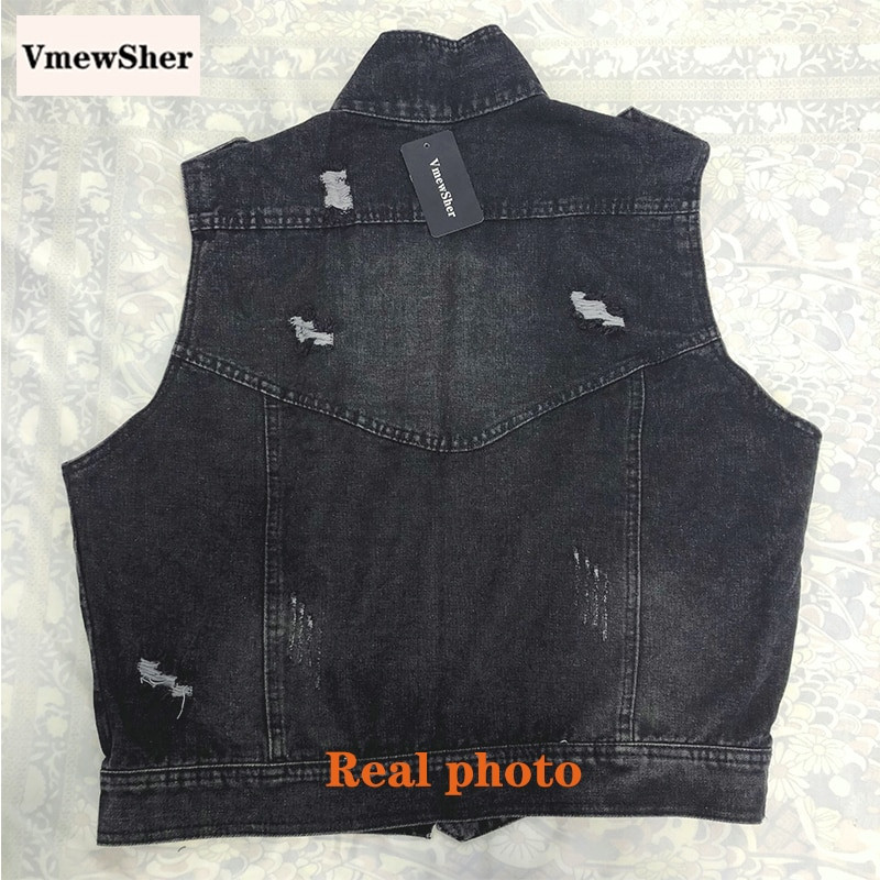 VmewSher Novi 5XL ženski traper prsluk Kratka cool gornja odjeća Ženske traper jakne bez rukava Tanak modni prsluk s kopčom