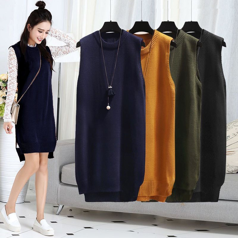 2022. gada rudens ziemas trikotāžas džemperkleita Sieviešu veste Kleita Sieviešu garā veste Sieviešu džemperis Sieviešu džemperi ar O veida kakla izgriezumu Sieviešu virsdrēbes