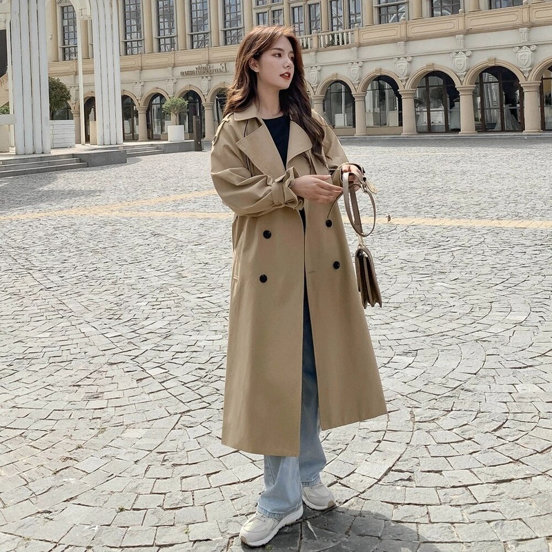 Proljetno-jesenski ženski tanki bijeli trenč kaput s pojasom, korejska labava vjetrovka s dvostrukim kopčanjem i dugim rukavima