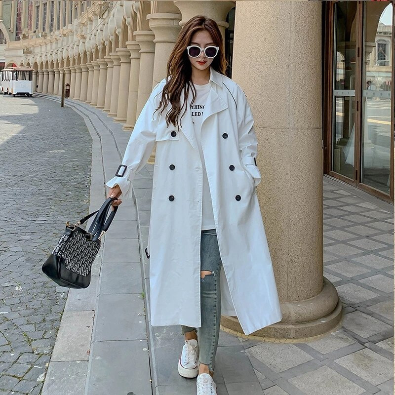 Proljetno-jesenski ženski tanki bijeli trenč kaput s pojasom, korejska labava vjetrovka s dvostrukim kopčanjem i dugim rukavima