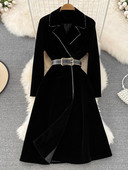 HAMALIEL rudens ziemas biezs, silts samta mētelis sievietēm ar robainām garām piedurknēm, ar vienrindu jostu, Midi biroja virsdrēbes