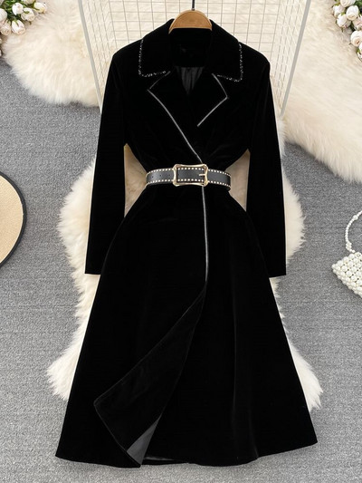 HAMALIEL rudens ziemas biezs, silts samta mētelis sievietēm ar robainām garām piedurknēm, ar vienrindu jostu, Midi biroja virsdrēbes