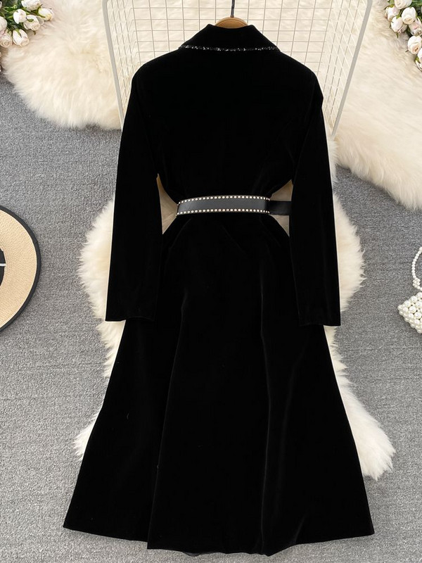 HAMALIEL rudens ziemas biezs, silts samta mētelis sievietēm ar robainām garām piedurknēm, ar vienrindu jostu, Midi biroja virsdrēbes