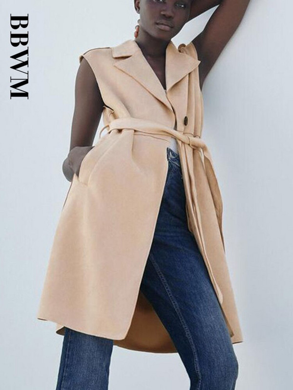 2021 Φθινοπωρινό αμάνικο γιλέκο γυναικείο γυναικείο γιακά με ζώνη με μακρύ γιλέκο Κομψό με κουμπιά Φαρδιά Vintage Γυναικεία Γυναικεία Γυναικεία Γιλέκα