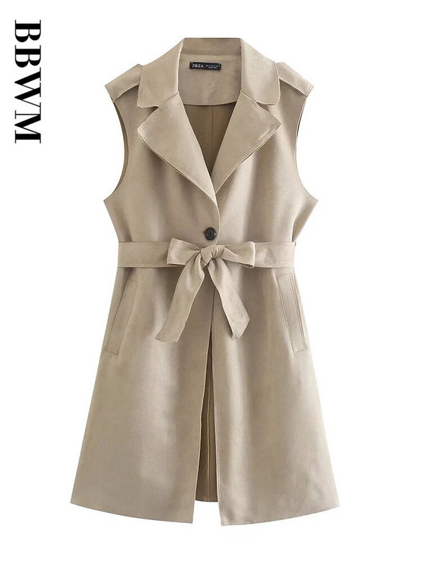 2021 Φθινοπωρινό αμάνικο γιλέκο γυναικείο γυναικείο γιακά με ζώνη με μακρύ γιλέκο Κομψό με κουμπιά Φαρδιά Vintage Γυναικεία Γυναικεία Γυναικεία Γιλέκα