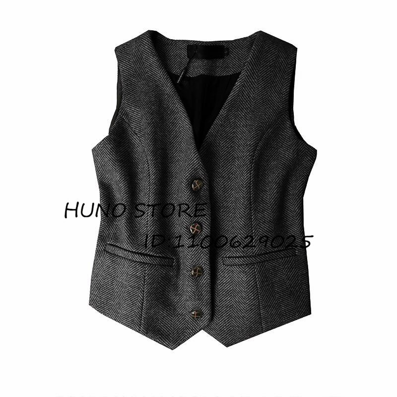 Ζεστό ρετρό γυναικείο χειμωνιάτικο χοντρό μάλλινο γιλέκο με σχέδιο ψαροκόκκαλο μόδας Επίσημο επαγγελματικό γιλέκο με λεπτή εφαρμογή