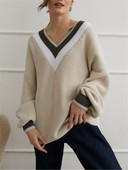 Rudens ziemas brūns dāmu džemperi ar garām piedurknēm, brīviem V veida kakla izgriezumiem, svītrains krāsains džemperis sievietēm, elegants trikotāžas modes tops