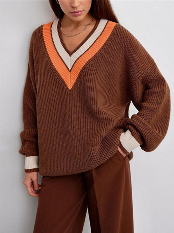 Rudens ziemas brūns dāmu džemperi ar garām piedurknēm, brīviem V veida kakla izgriezumiem, svītrains krāsains džemperis sievietēm, elegants trikotāžas modes tops