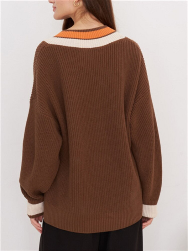 Rudens ziemas brūns dāmu džemperi ar garām piedurknēm, brīviem V veida kakla izgriezumiem, svītrains krāsains džemperis sievietēm, elegants trikotāžas modes tops