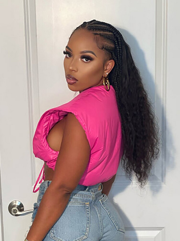 Kliou Solid γυαλιστερό Cropped Γυναικείο μπουφάν αμάνικο κορδόνι κοντό παλτό με λαιμόκοψη V γυναικείο φθινοπωρινό casual all-match streetwear