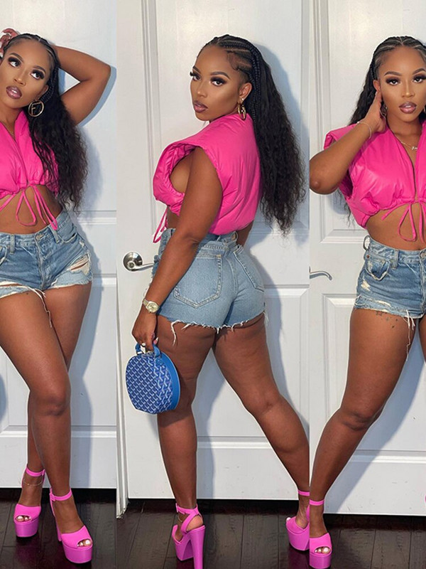 Kliou Solid γυαλιστερό Cropped Γυναικείο μπουφάν αμάνικο κορδόνι κοντό παλτό με λαιμόκοψη V γυναικείο φθινοπωρινό casual all-match streetwear