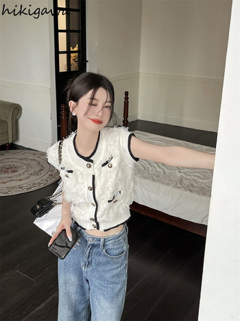 Πλεκτό γιλέκο ιδιοσυγκρασίας 2022 Γυναικεία ρούχα αμάνικο γιλέκο με φούντα Καλοκαιρινή μόδα Κορεάτικα μπλουζάκια Chalecos Para Mujer