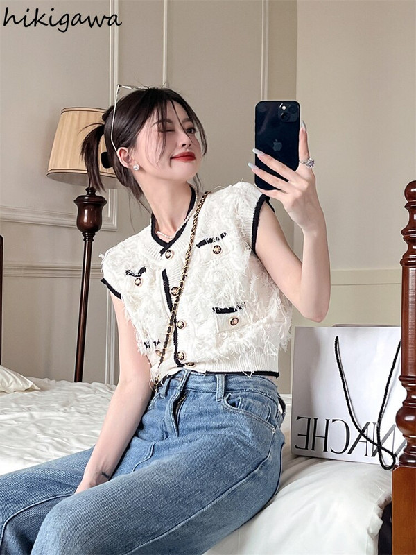 Πλεκτό γιλέκο ιδιοσυγκρασίας 2022 Γυναικεία ρούχα αμάνικο γιλέκο με φούντα Καλοκαιρινή μόδα Κορεάτικα μπλουζάκια Chalecos Para Mujer